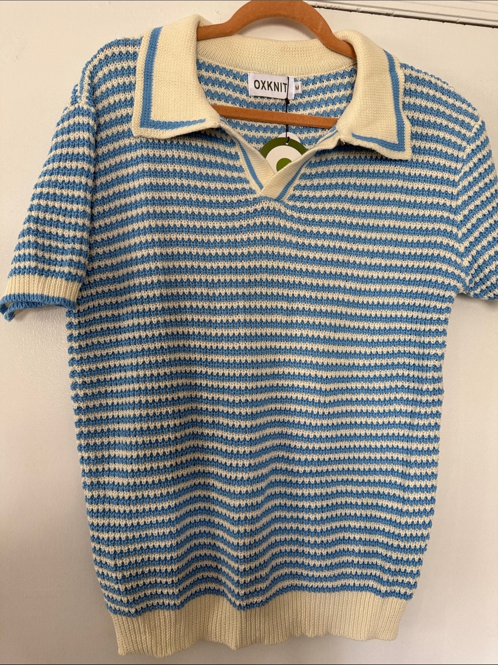 OXKNIT Blue and Cream Striped Short-Sleeve Polo